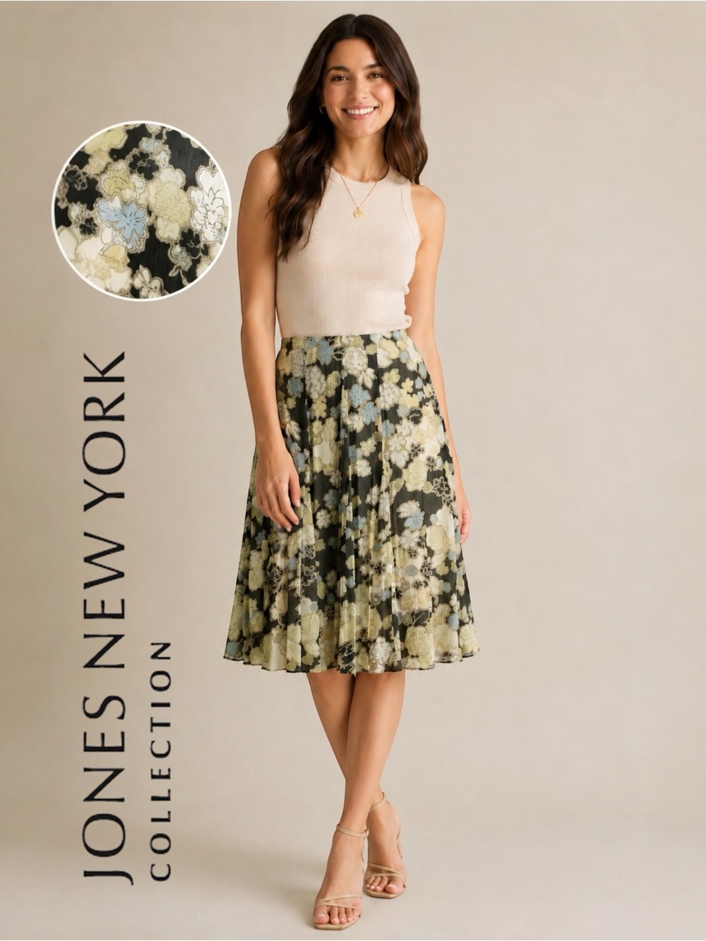 JONES NEW YORK COLLECTION Silk Floral Pleated Midi Skirt Zip Closure Lined Sz 12